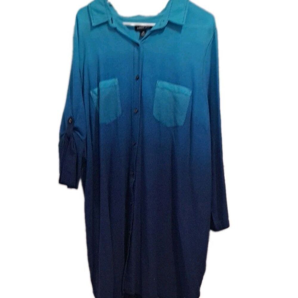 Lands' End Ombre Tunic Women 2X 20/22 Blue Gradient Cotton Roll Tab Sleeve Shirt